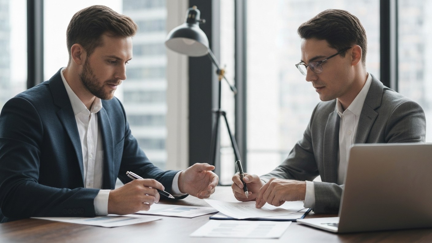 Two professionals reviewing a contract across a table in a bright Manhattan office, documents and la