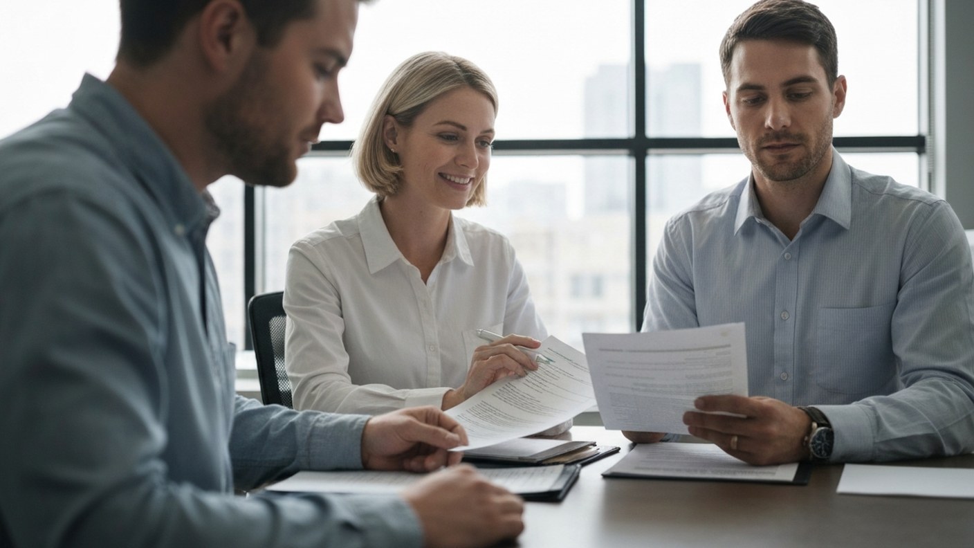 A mortgage banker reviewing loan documents with a client, office setting with natural light, profess