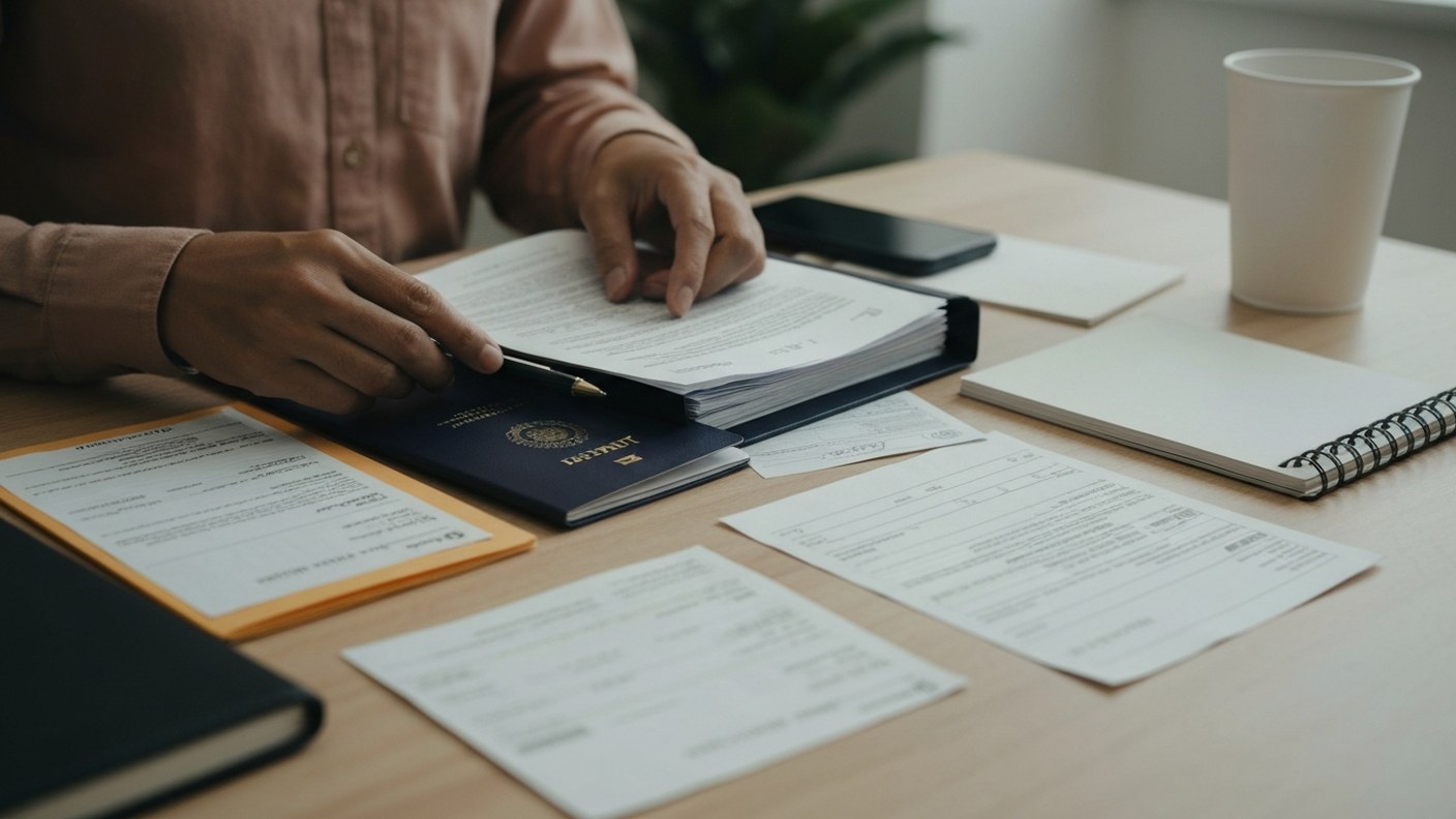 A person organizing documents into folders on a table, passport and bank statements visible, prepara