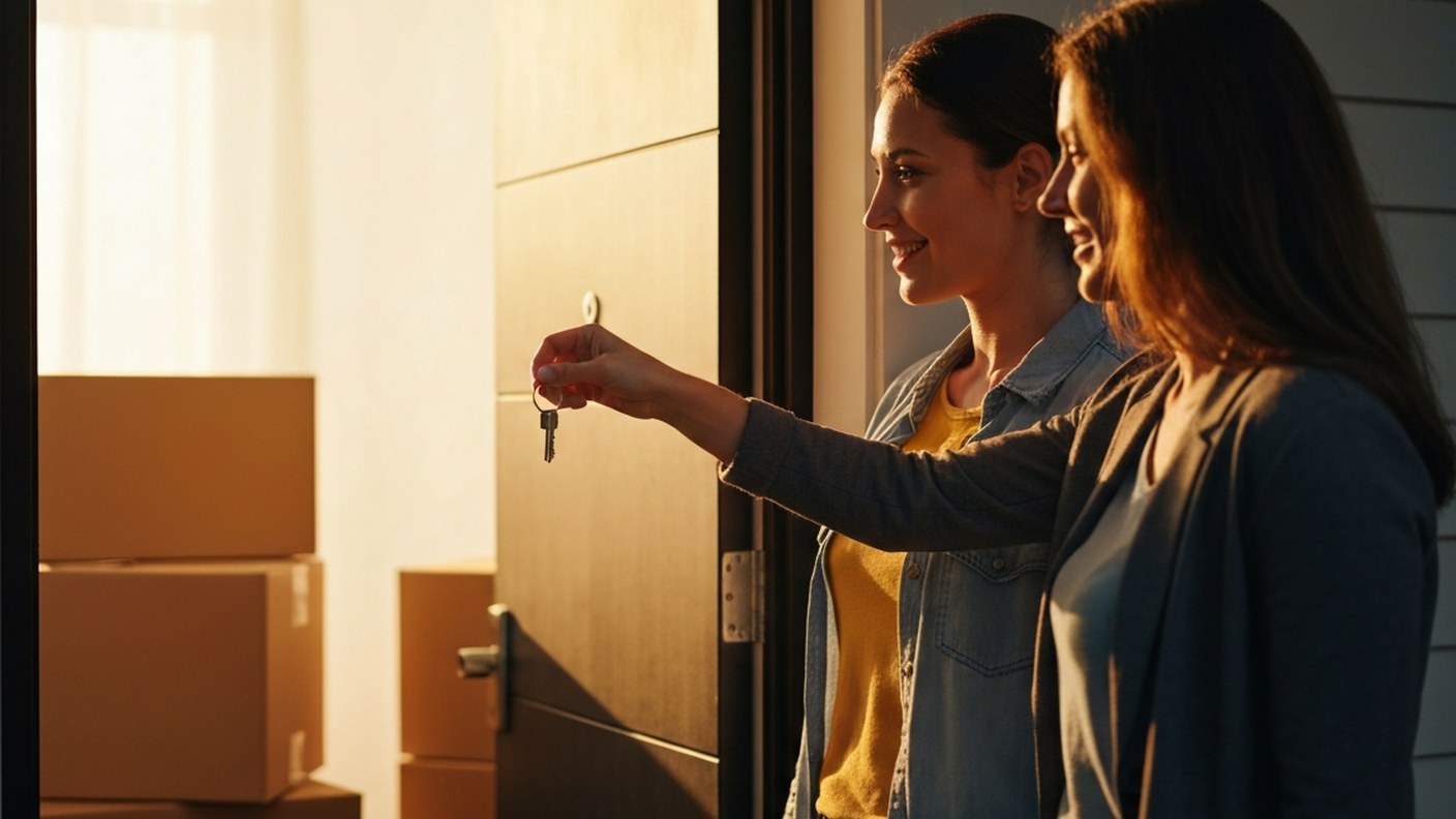 A couple receiving keys at the door of their new New York apartment, warm afternoon light, moving bo