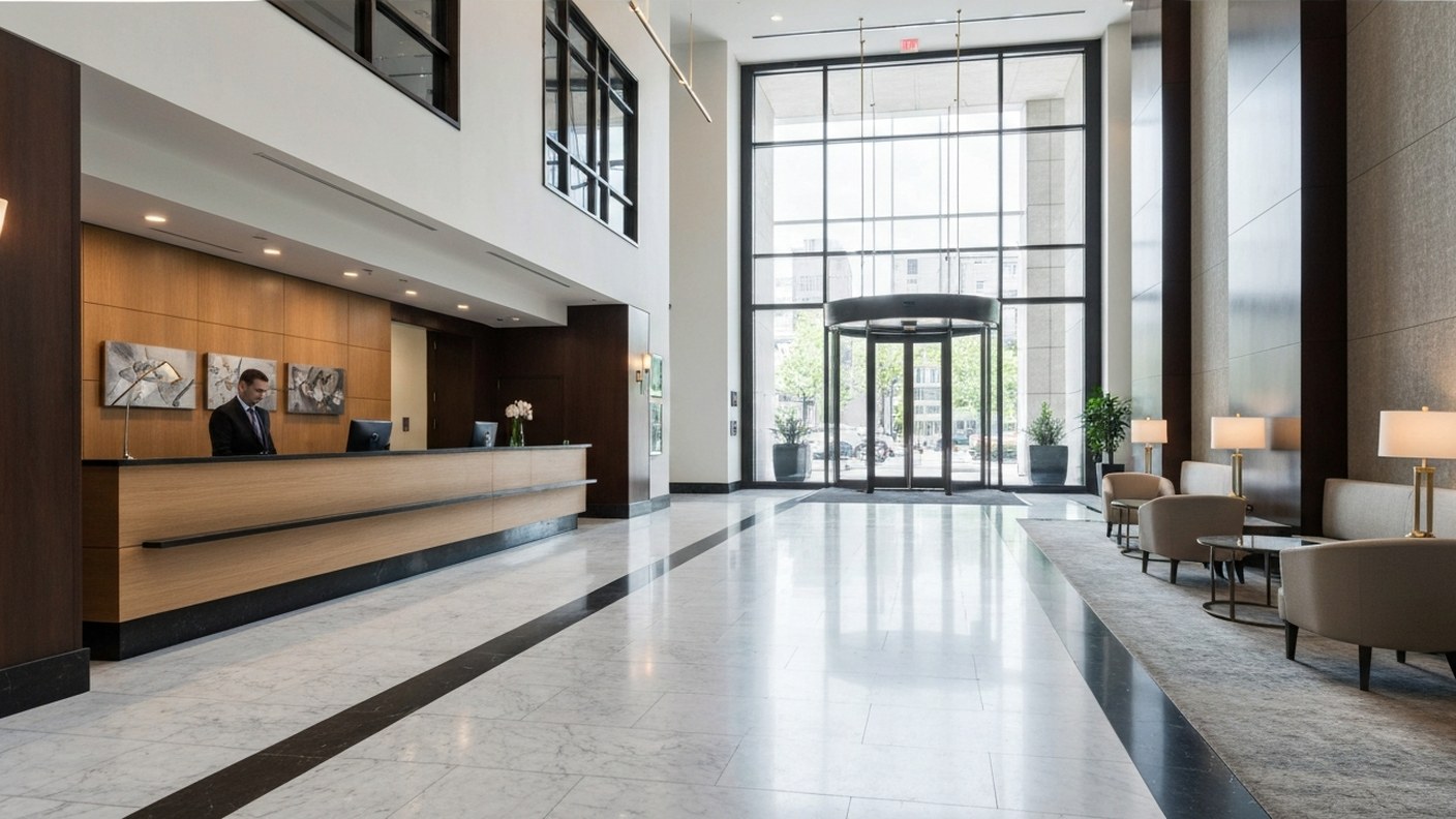 A modern condominium lobby with a doorman desk, marble floor and comfortable seating, bright dayligh
