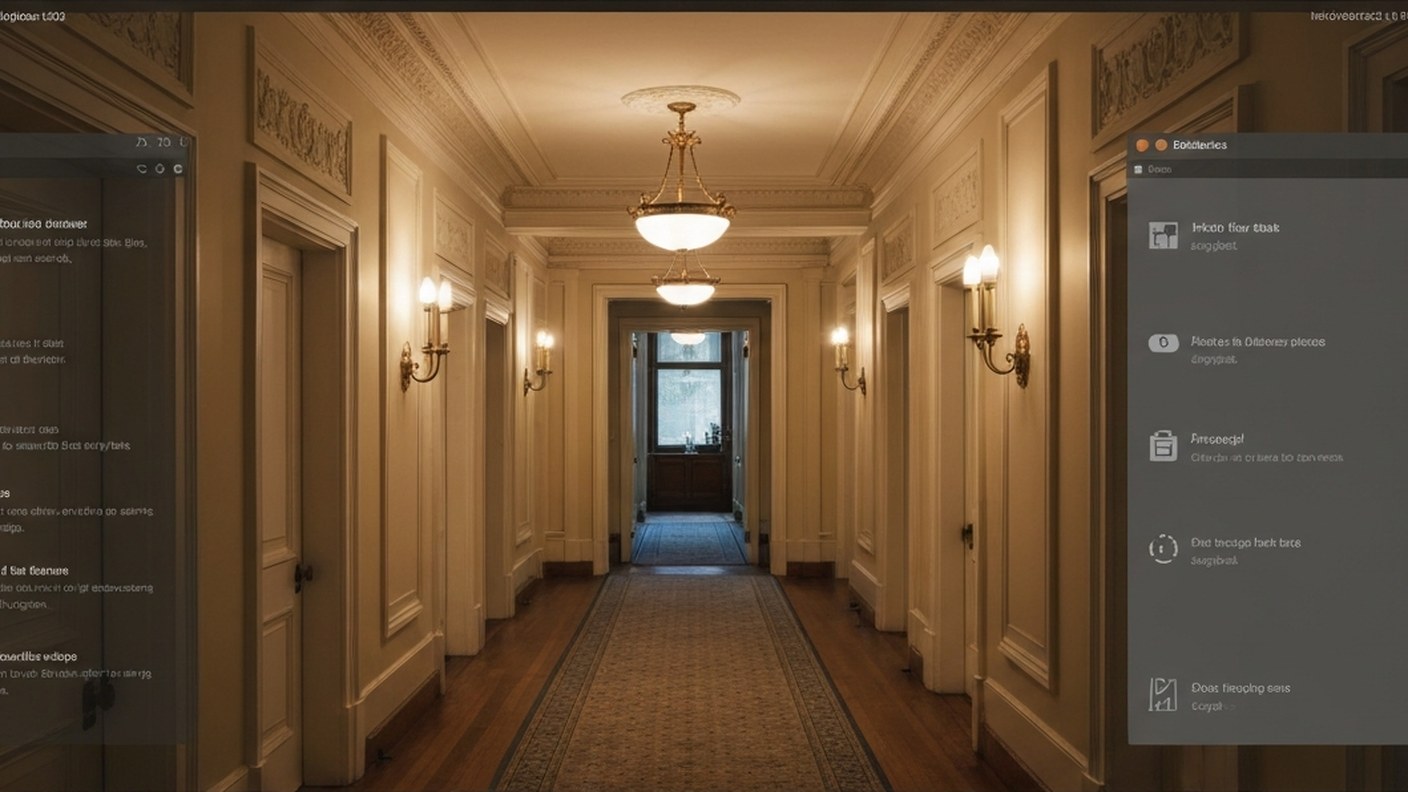 A classic prewar apartment building interior hallway with ornate details and warm lighting, elegant 