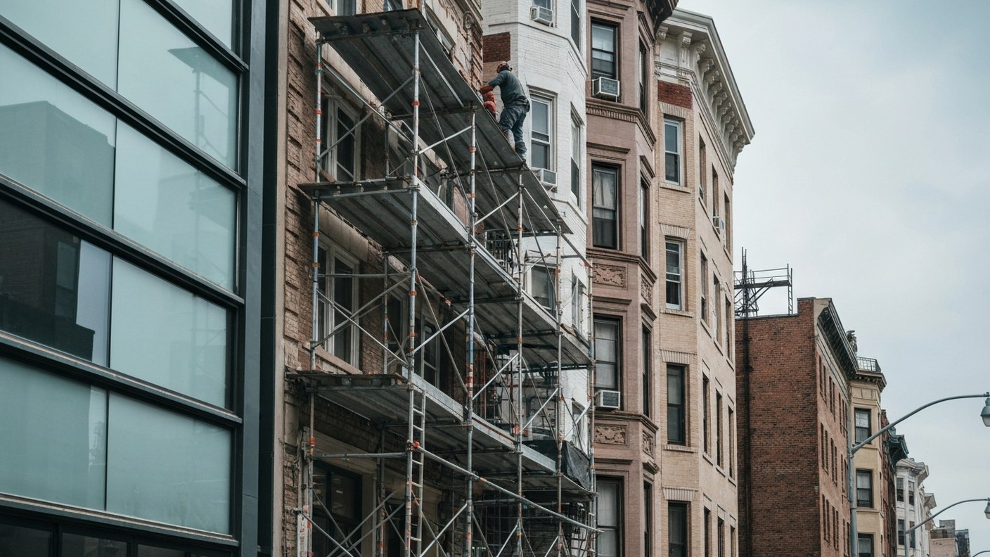 Scaffolding on the facade of a residential building undergoing exterior restoration, workers visible