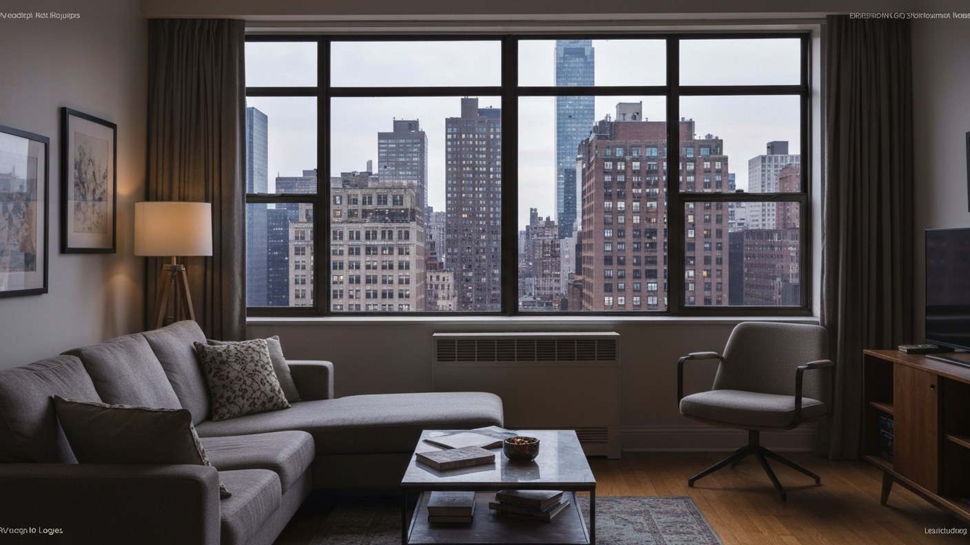 A comfortable living room in a New York apartment with city view through large windows, calm evening