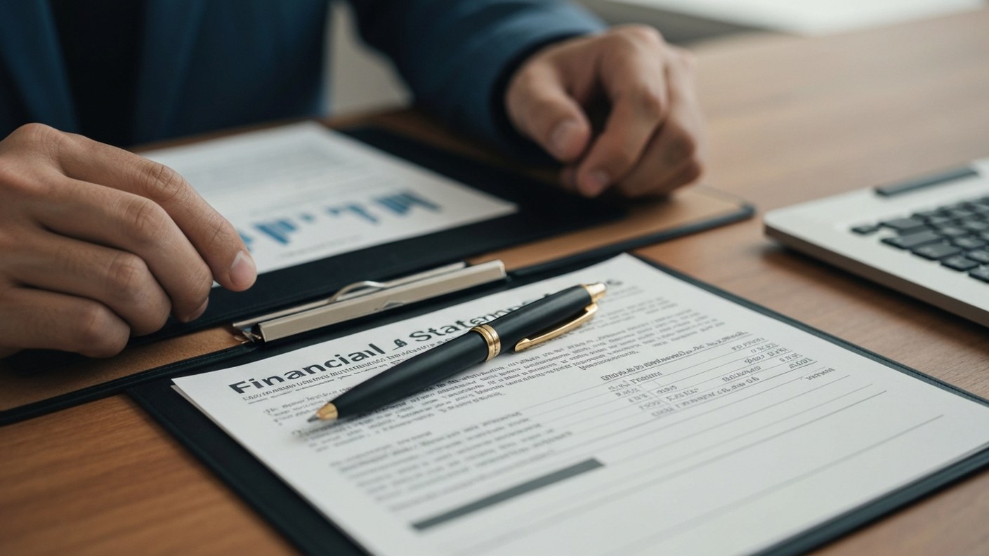 Financial statements and bank documents organized in a folder on a desk with a pen, preparation for 