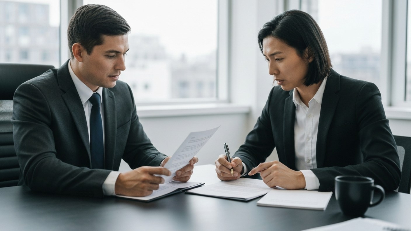 An attorney and client reviewing source of funds documentation at a table in a bright office