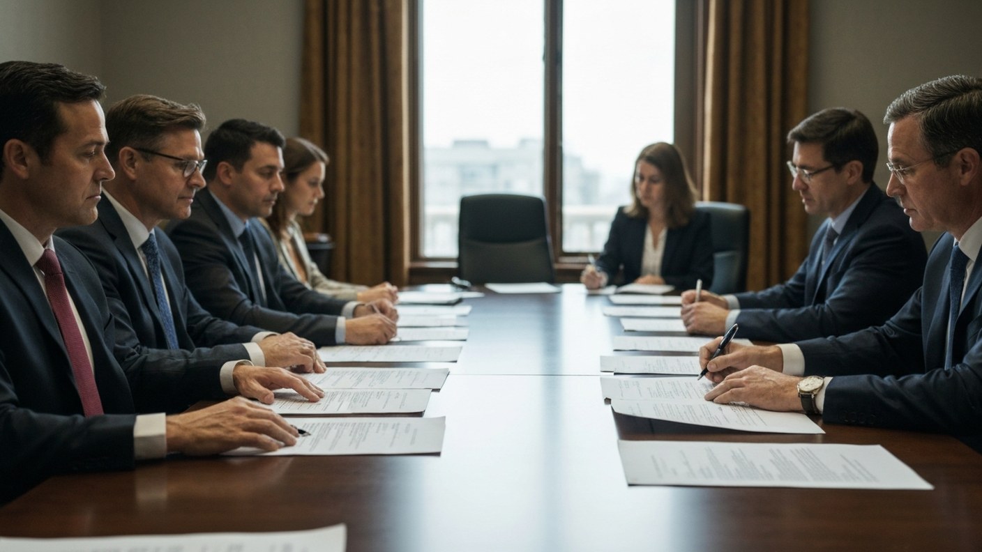 A board meeting room with documents laid out on a long table, formal review setting