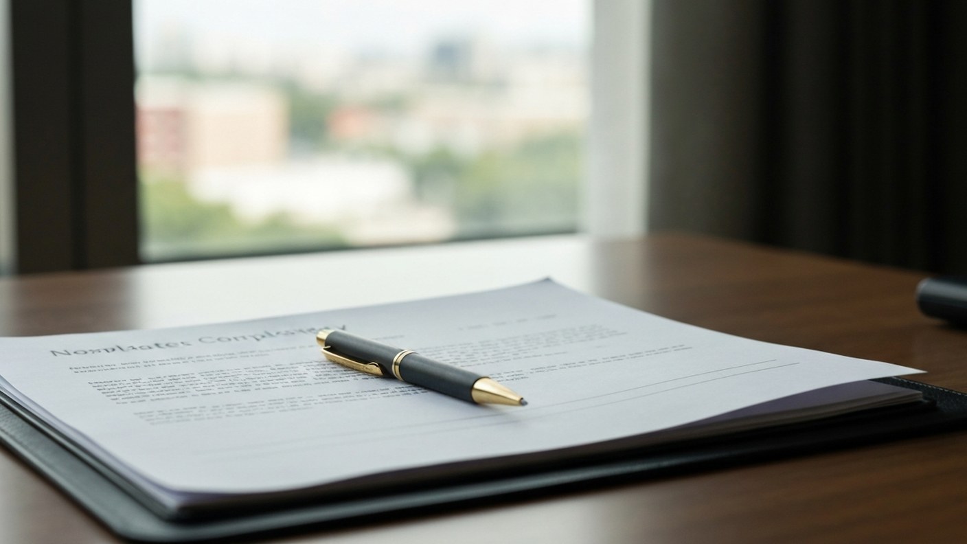 A completed document folder and a pen on a desk near a window with soft city light, sense of readine