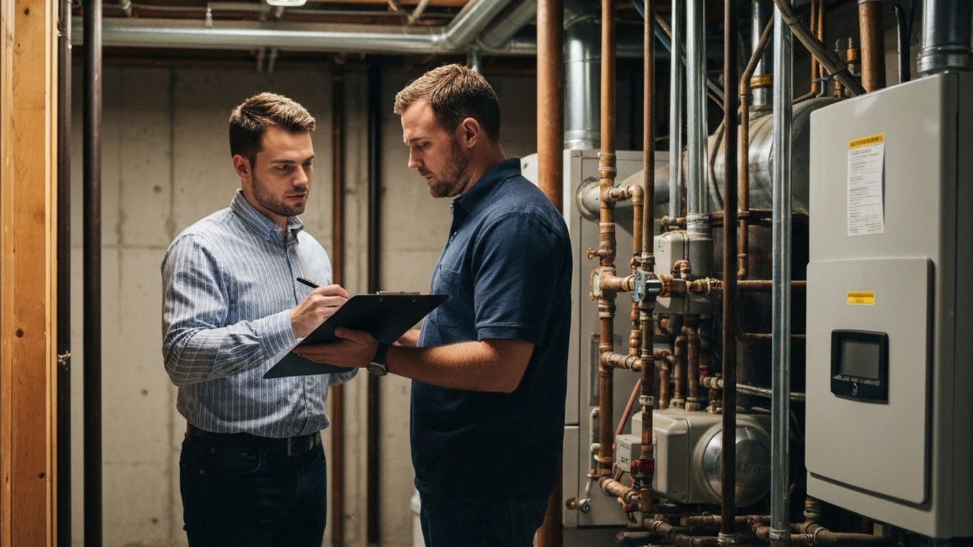 A home inspector with a clipboard examining a boiler room in a residential building basement, profes