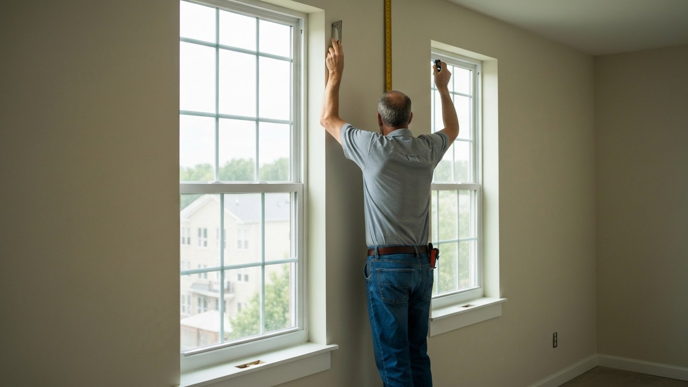 An inspector checking window frames and walls inside a bright empty apartment, measuring tools in ha