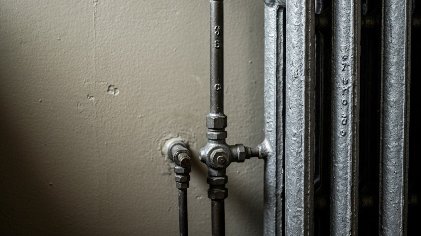 Close-up of an old cast iron radiator and exposed pipes in a prewar apartment, textured wall surface