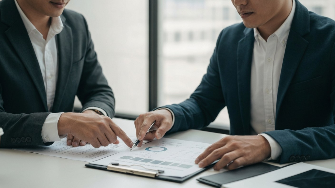 Two people negotiating over an inspection report at a table, pointing at a page, professional office