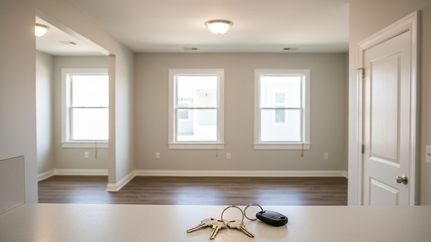 A renovated bright apartment interior with new floors and clean walls, keys on the counter, sense of
