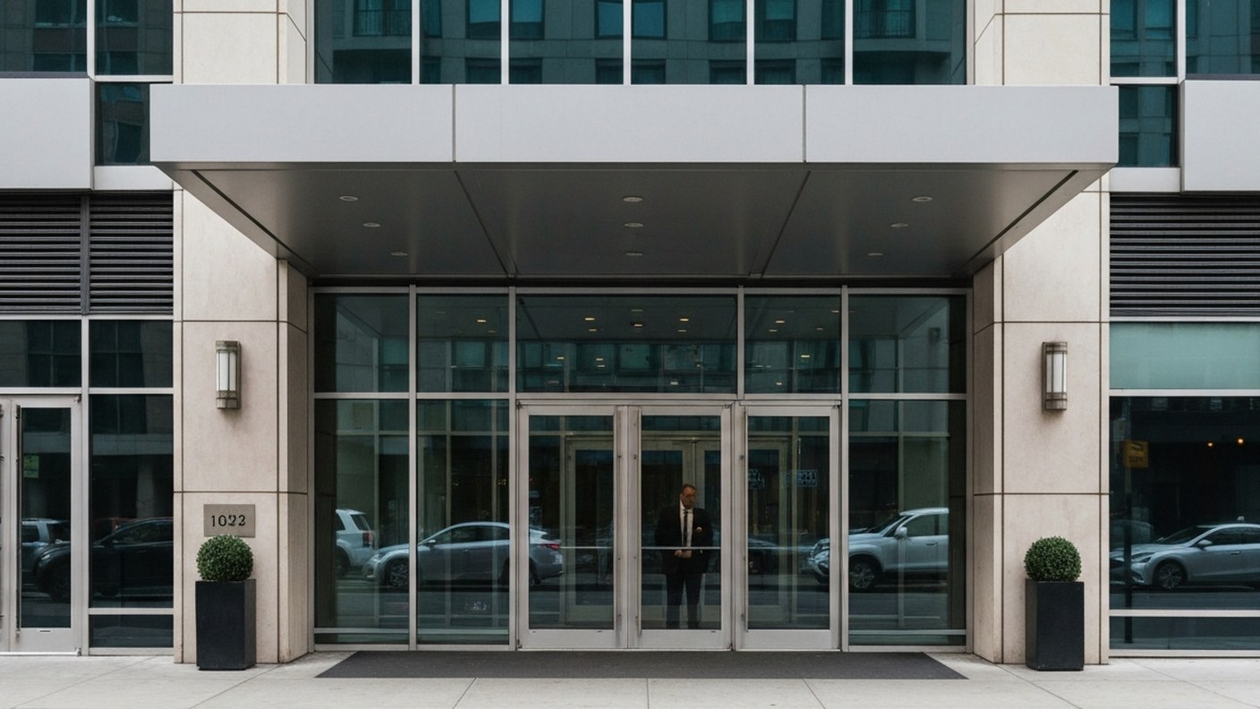 A modern condominium building entrance with glass doors and a doorman, Manhattan street level, clear