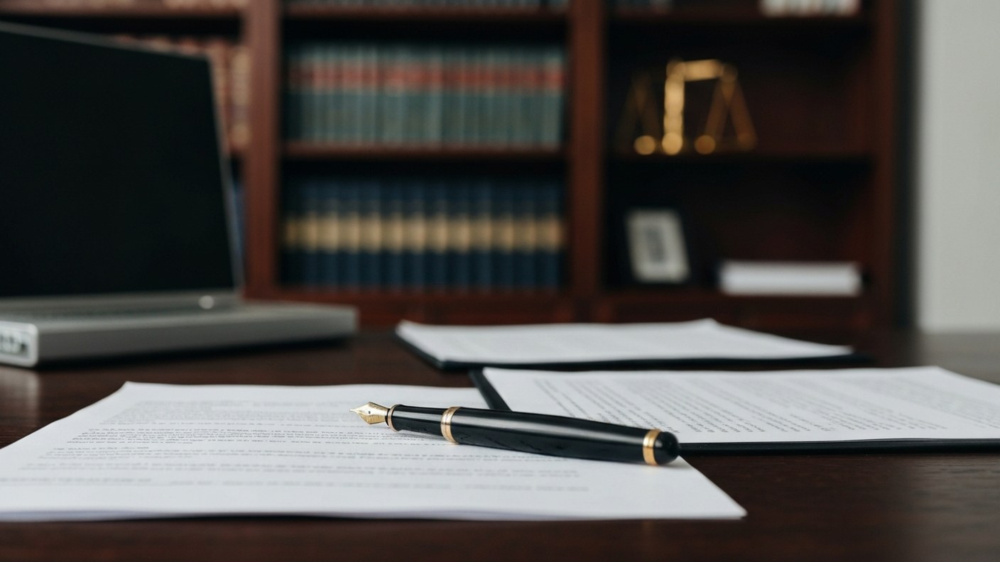 Business documents and a fountain pen on a dark wooden desk in a law office, bookshelves in soft foc
