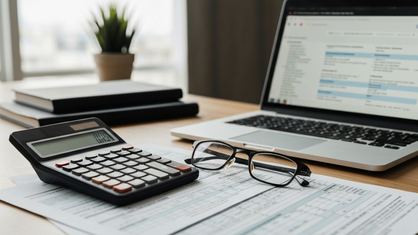 A calculator, tax forms and eyeglasses on a desk with a laptop showing spreadsheets, professional fi