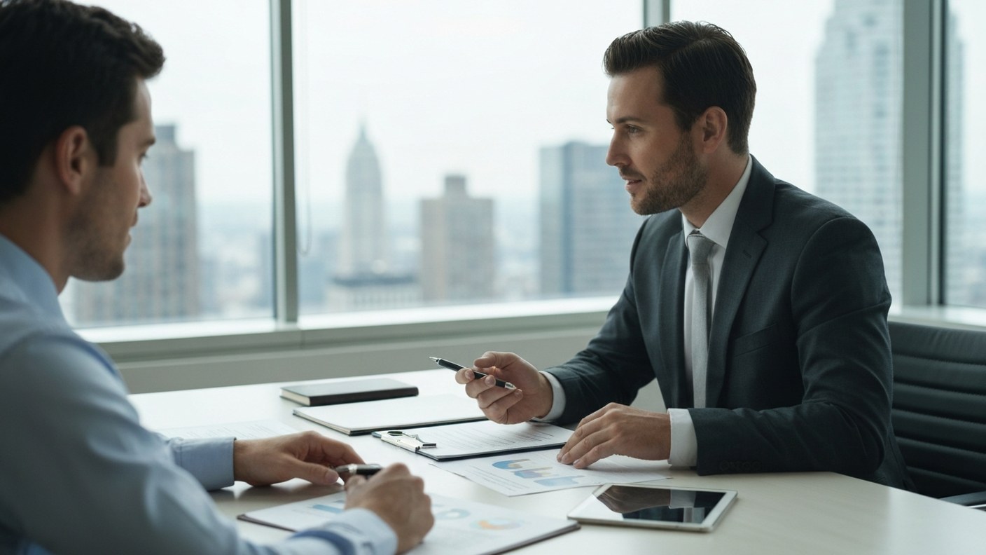 An advisor presenting options to a client across a table, documents and tablet, bright Manhattan off