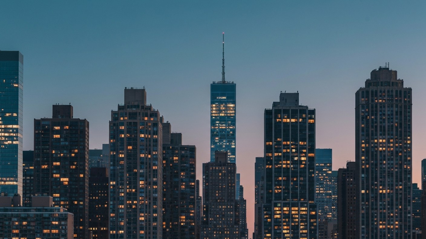 Evening view of Manhattan residential towers with warm window lights, calm skyline, aspirational and