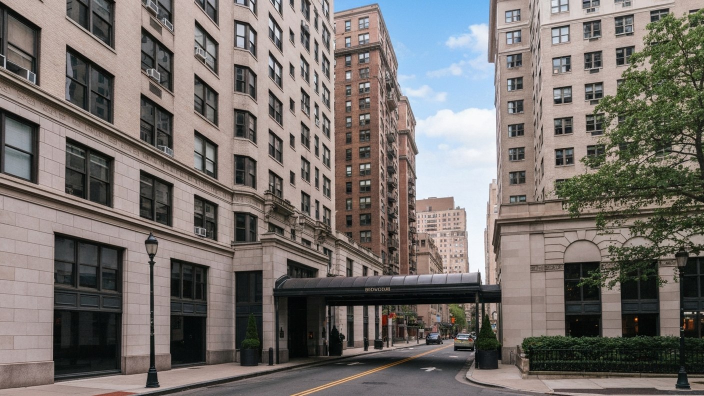 Manhattan residential buildings viewed from street level with a clear sky, upscale condominium entra