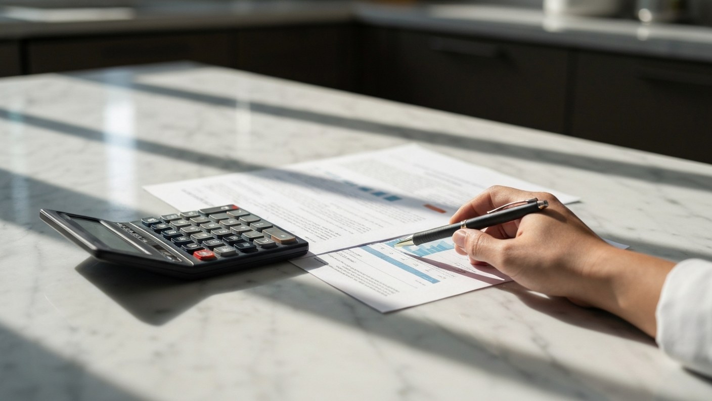 A calculator, pen and property documents on a marble kitchen counter with morning light, hands revie