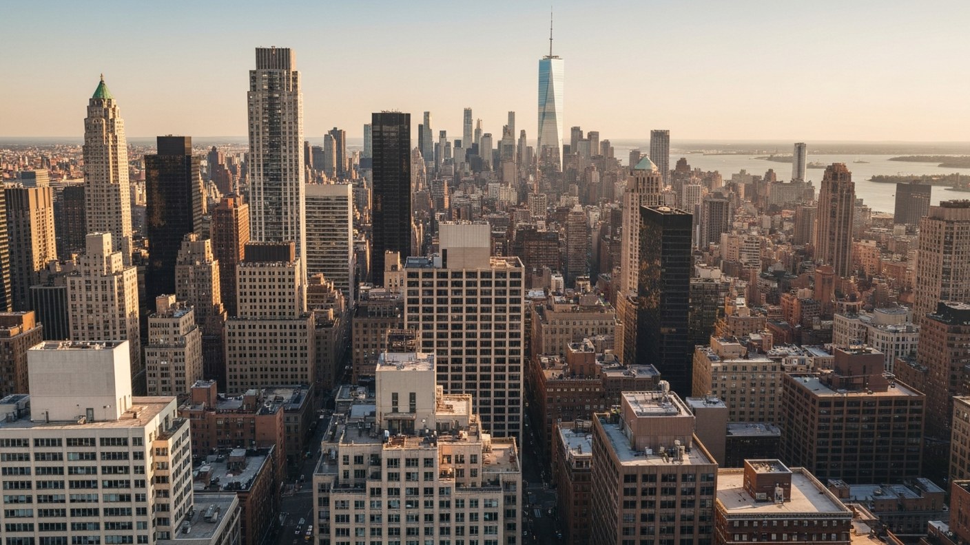 Aerial view of Manhattan rooftops and residential towers in warm afternoon light, dense cityscape, e