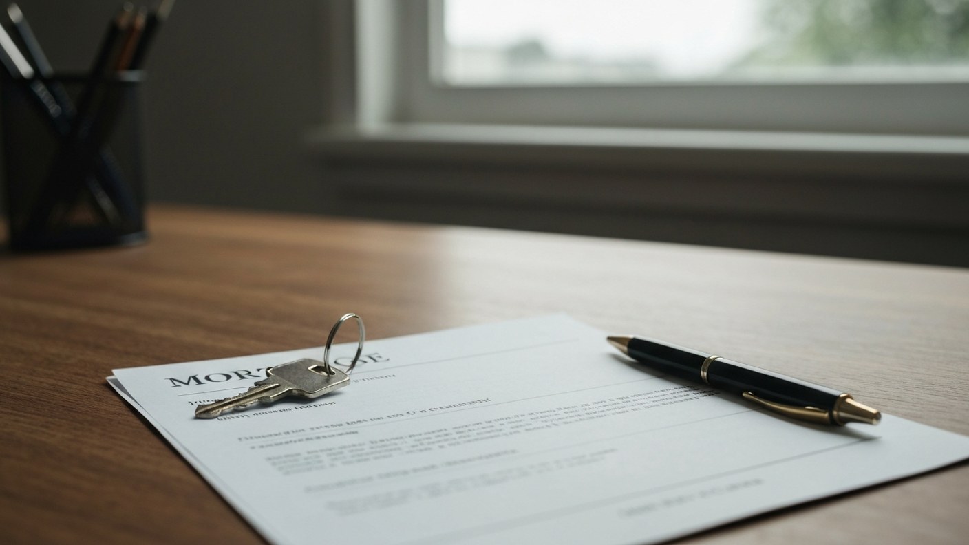 A mortgage document and house keys on a wooden desk with a pen, soft natural light from a window, pr