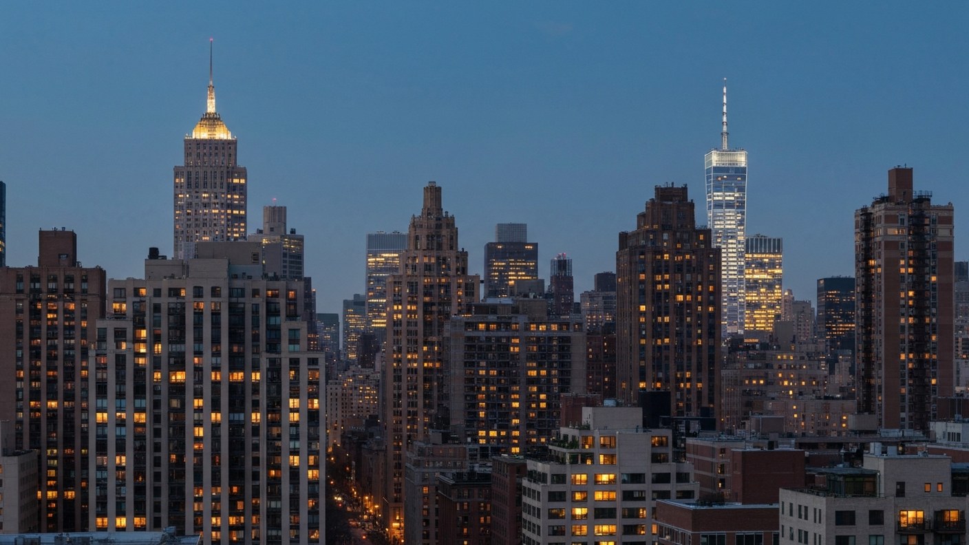 Evening view of Manhattan residential skyline with warm lights in windows, calm and aspirational moo