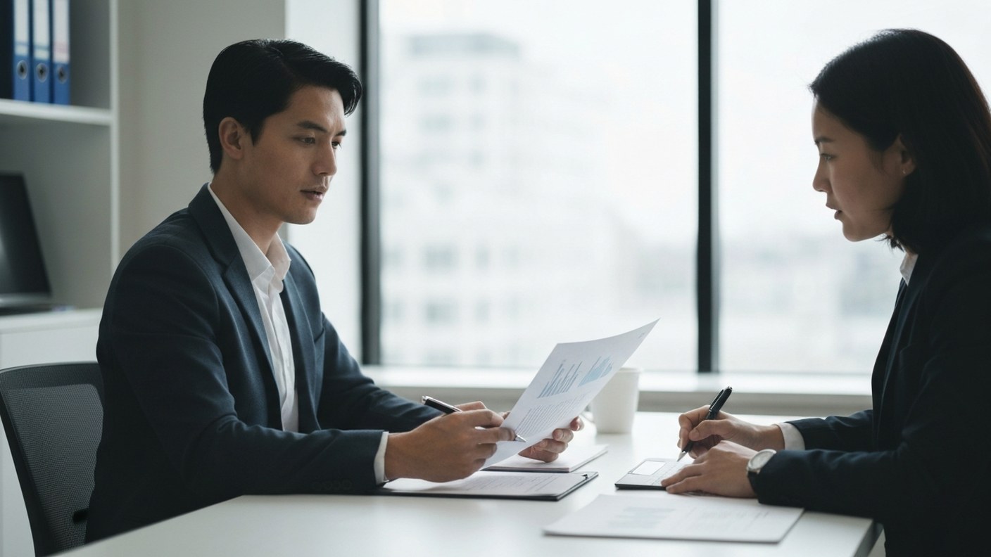 Two professionals discussing documents across a table in a bright office, focused negotiation atmosp
