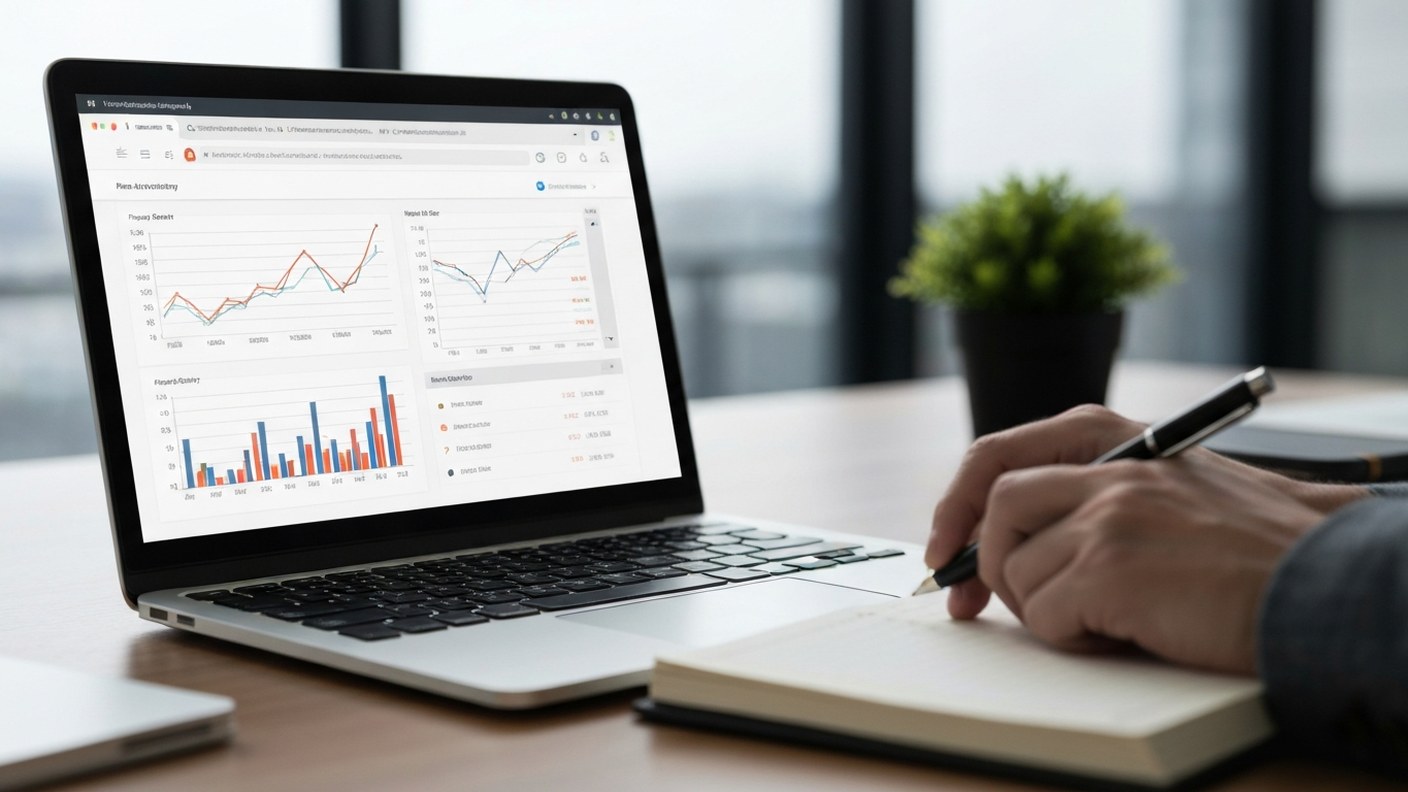 A laptop screen showing property listing data and price history charts on a desk with a notebook, an