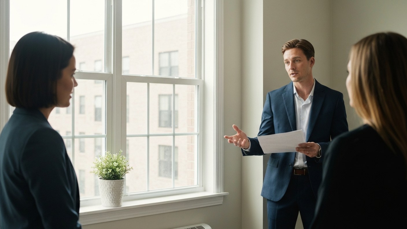 A real estate agent showing an apartment to clients, discussing details near a window with natural l