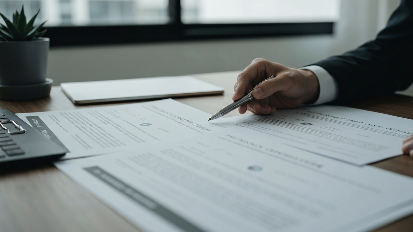 Multiple offer documents on a desk with a pen, decision making moment in a professional setting