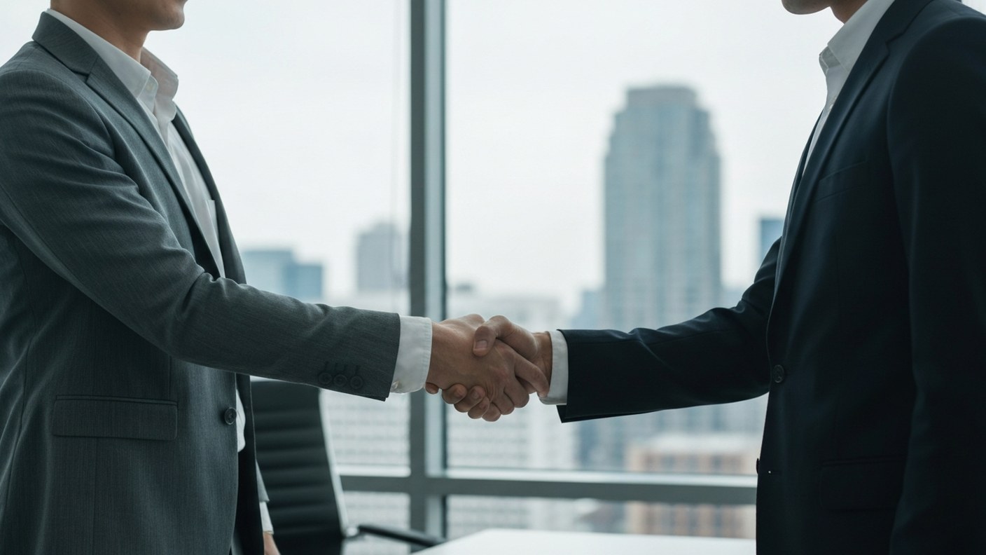 A handshake between two people in a bright office with city views, successful agreement atmosphere