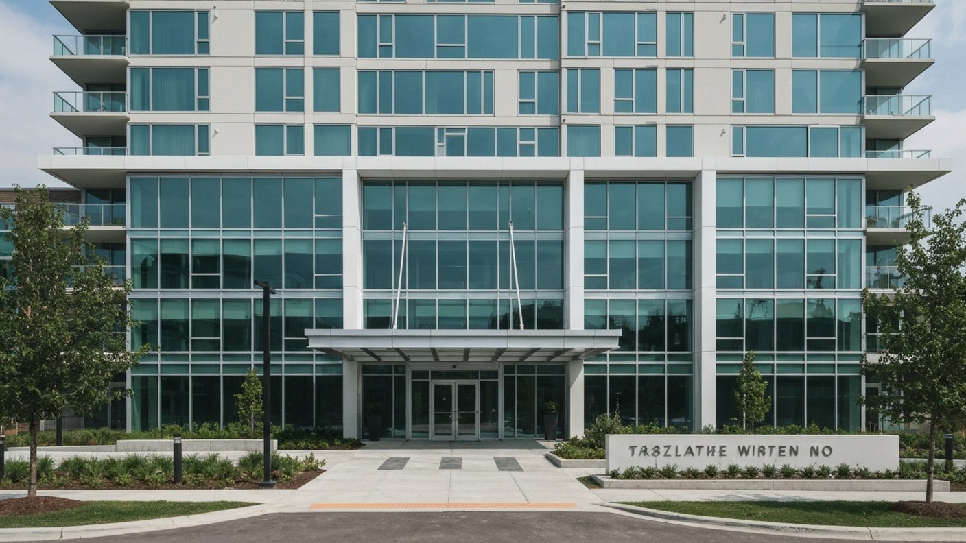 A newly completed modern condominium building with clean glass facade and a landscaped entrance, bri