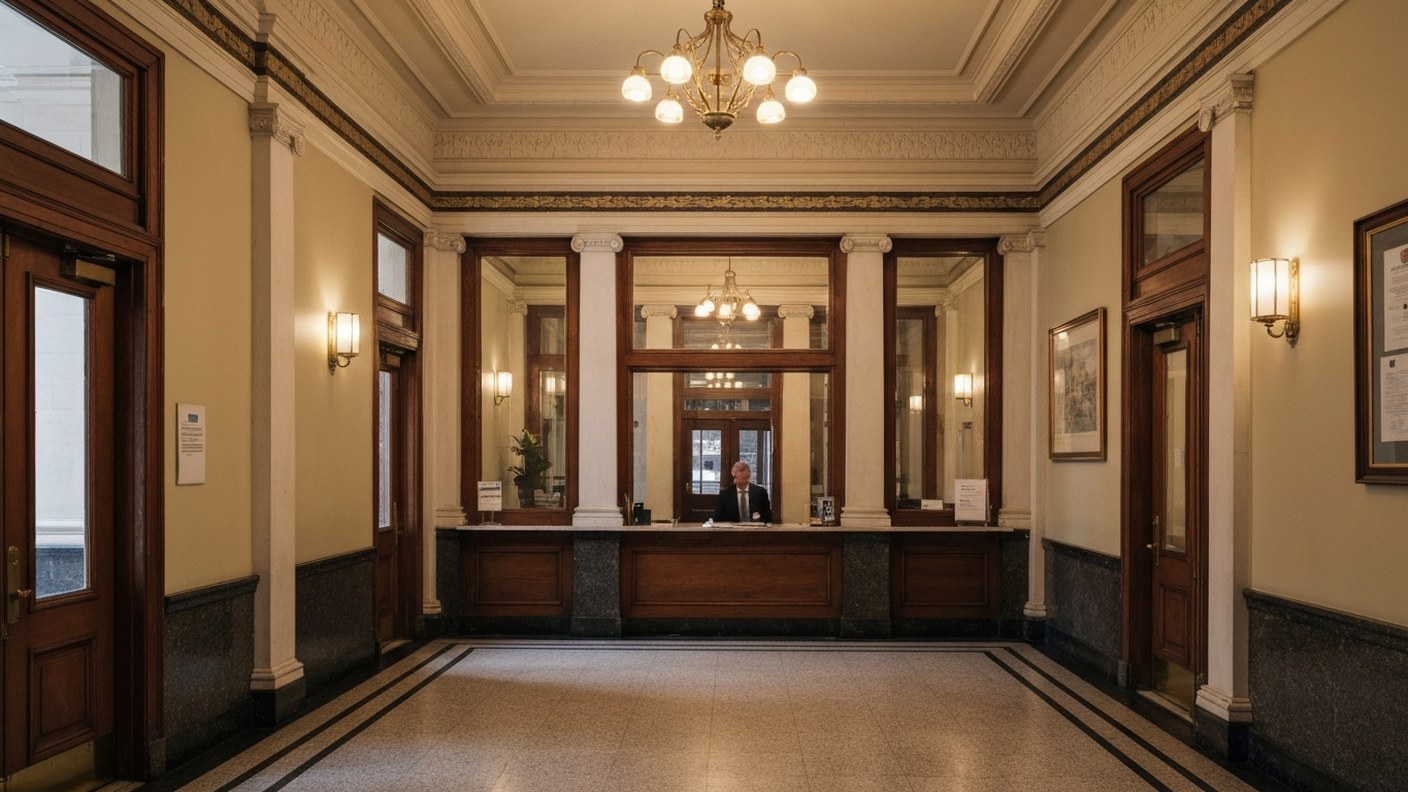 An older well maintained apartment building lobby with classic detailing and a doorman desk, warm in