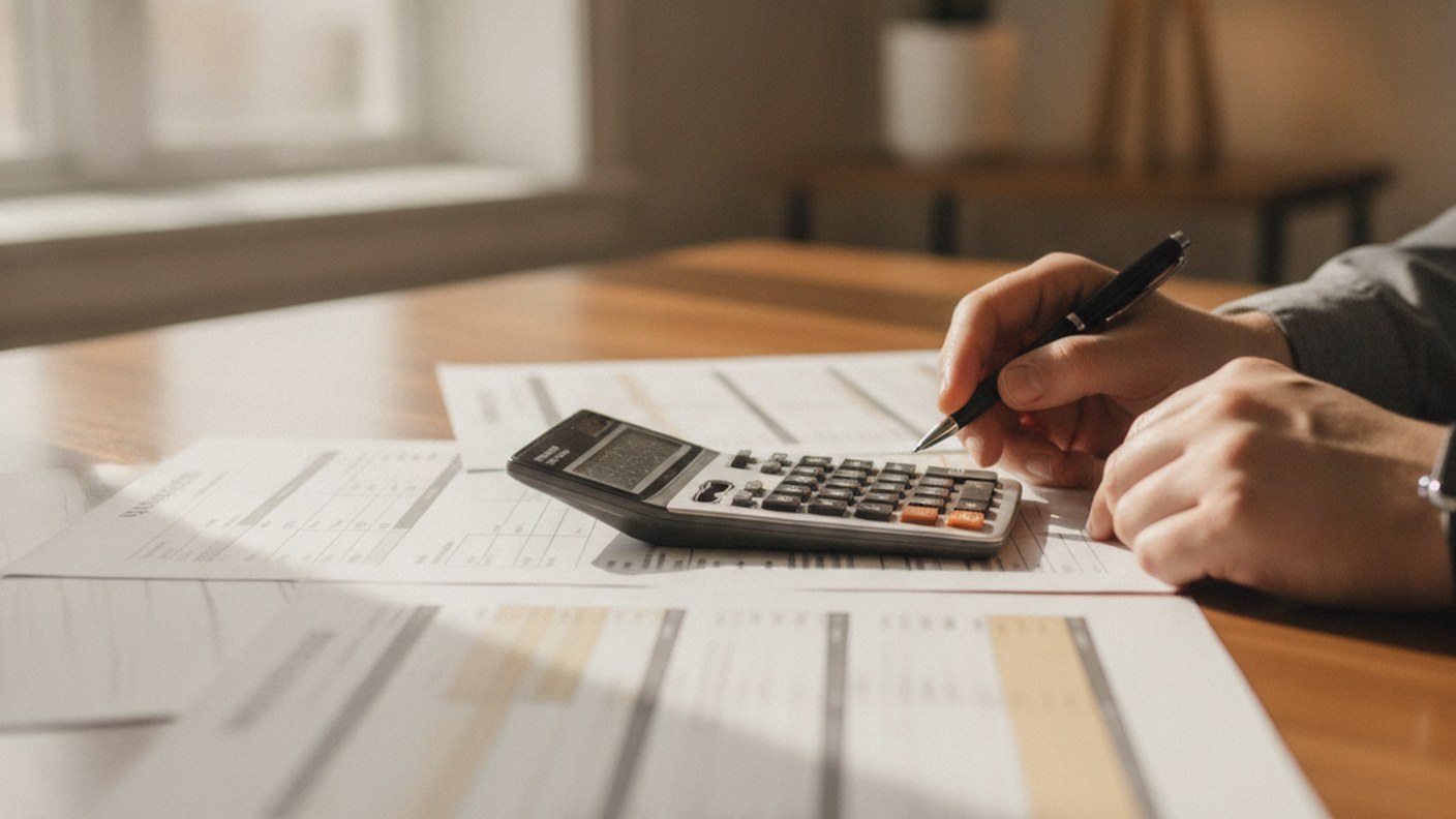 Property tax documents and a calculator on a desk with a pen, careful financial review