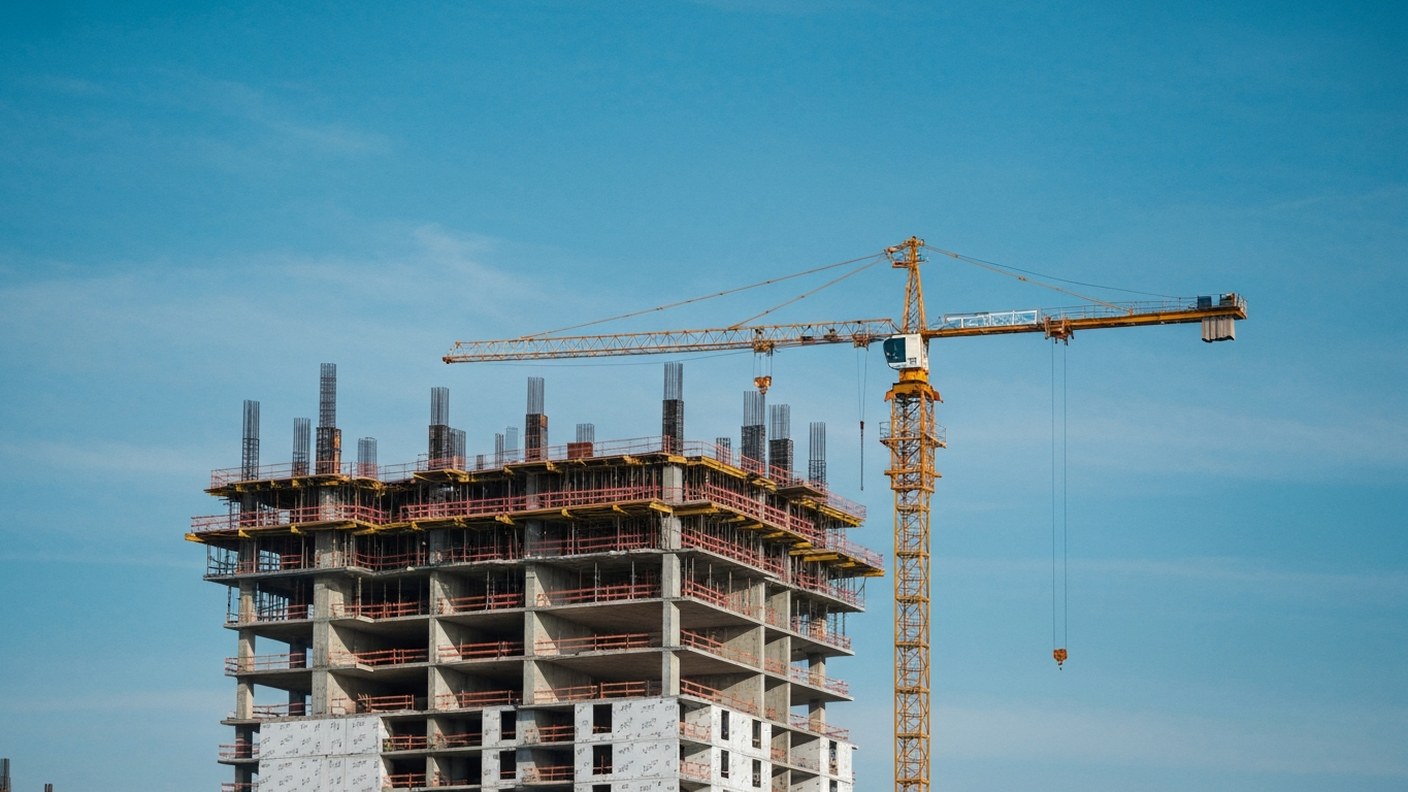 A construction site with a partially completed residential tower and cranes against a blue sky