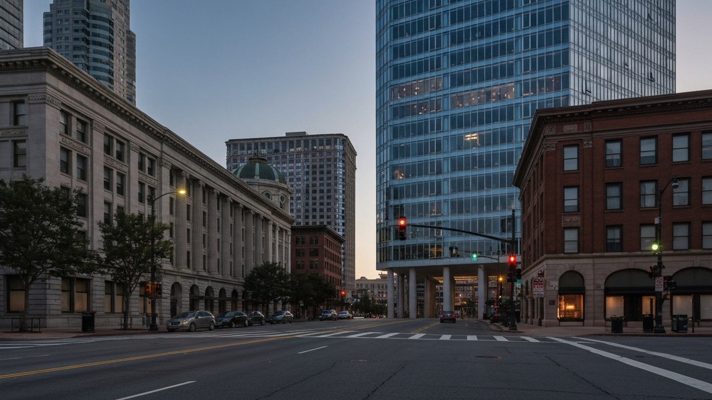 A city street at dusk with both a historic building and a modern glass tower side by side, contrasti