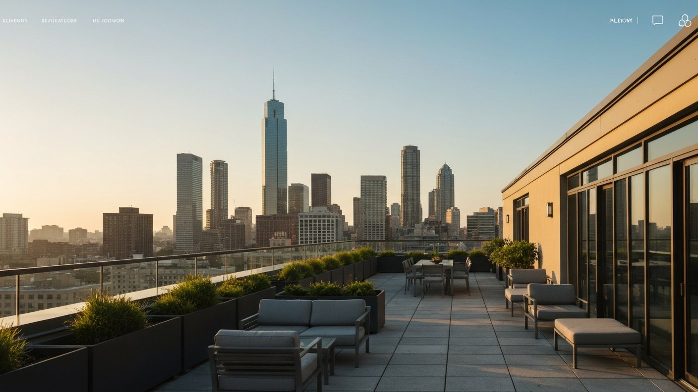A top floor apartment terrace overlooking a city skyline at golden hour, outdoor furniture and plant