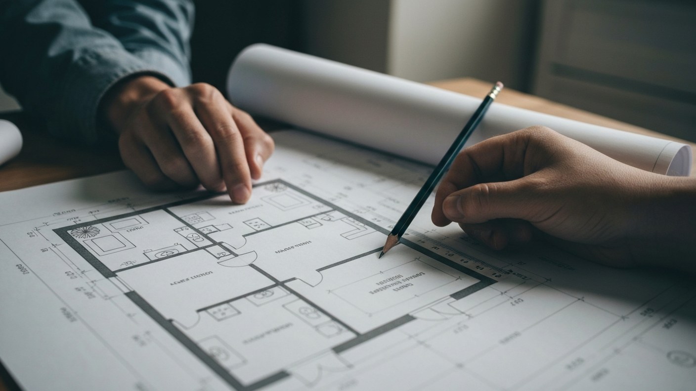 Floor plans and elevation drawings spread on a table with a pencil and measuring scale, careful arch
