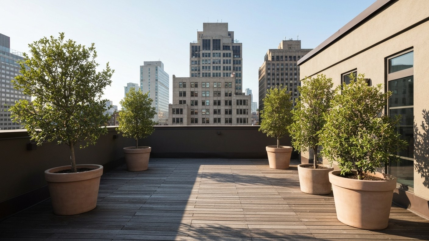 A private rooftop terrace with wooden decking, potted trees and city buildings in the background, cl