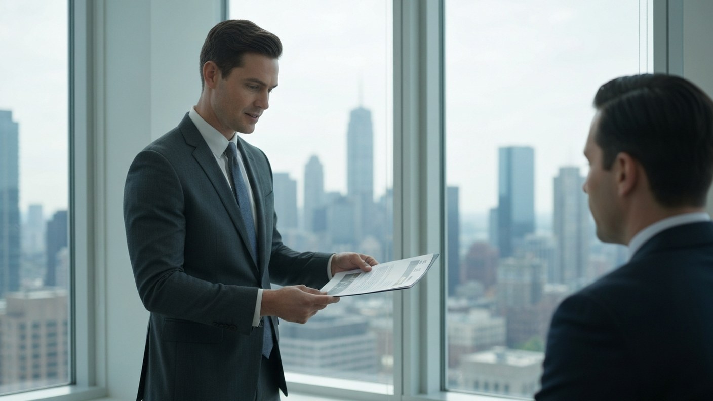 An agent presenting property documents to a client in a bright high floor apartment with skyline vie