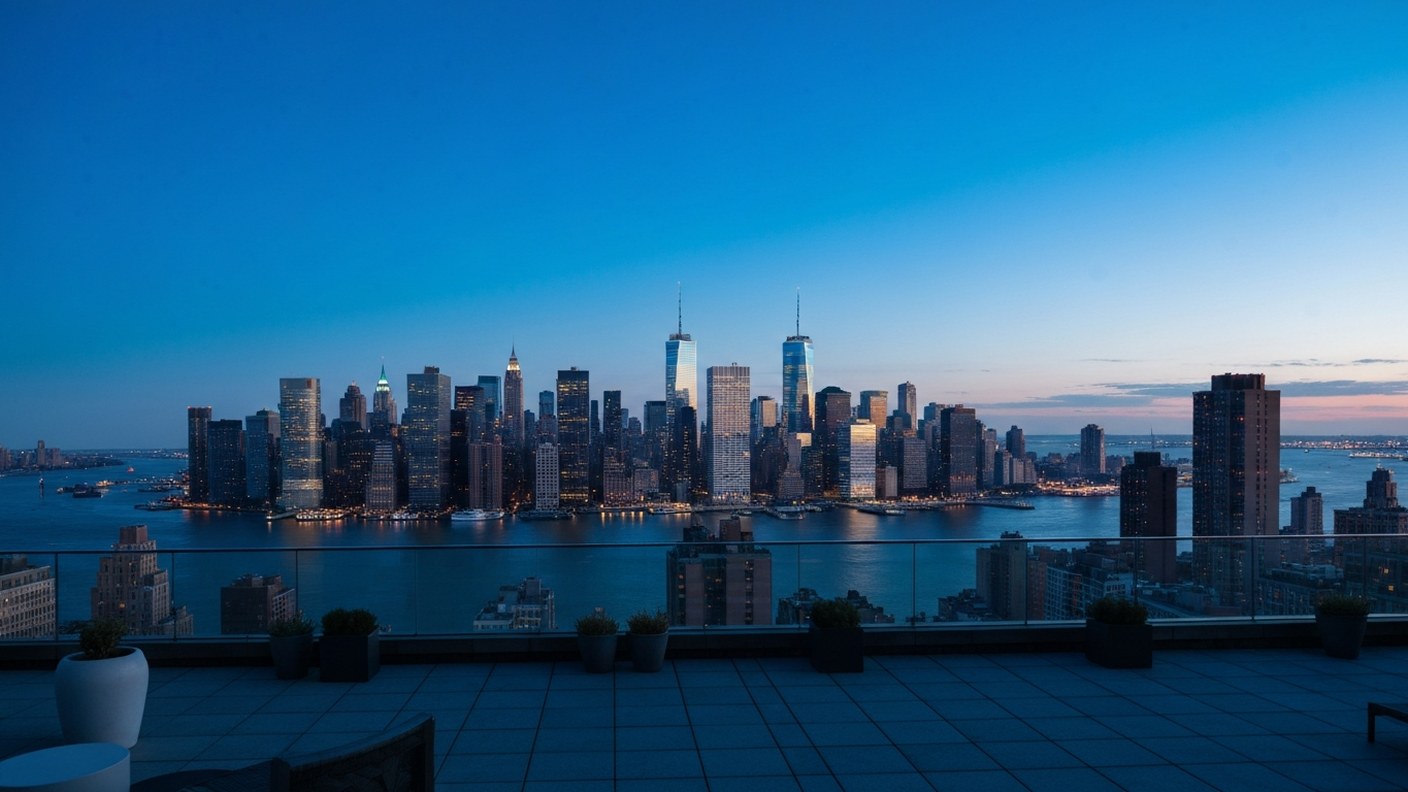Manhattan skyline seen from a high terrace at blue hour with city lights coming on, calm elevated pe