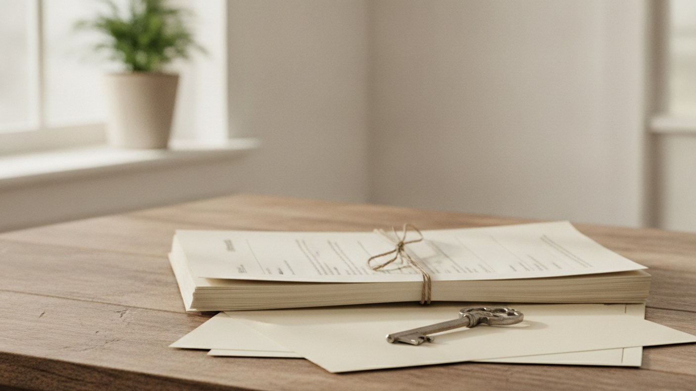 insurance policy documents and a house key on a wooden desk, soft daylight