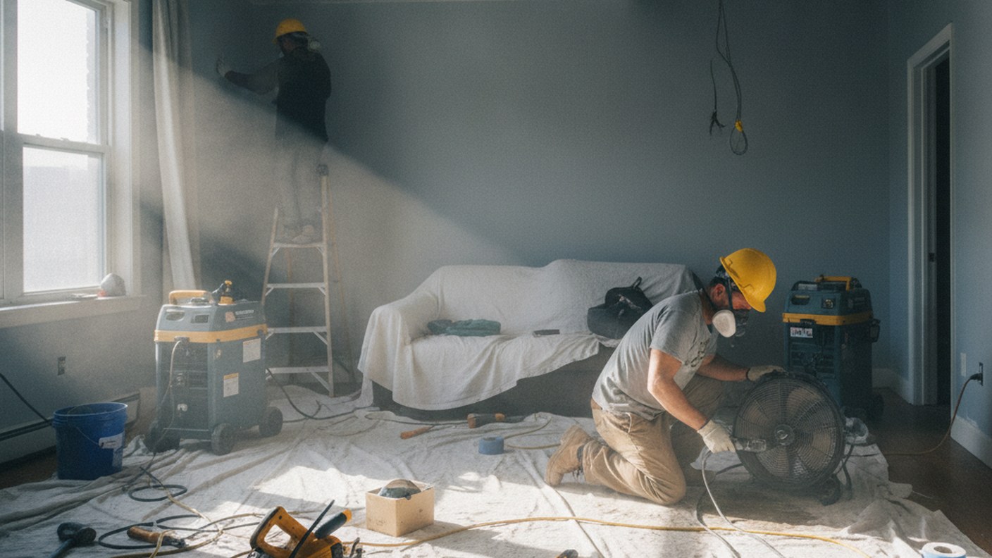 water damage repair work in an apartment with tools and drop cloths, daytime