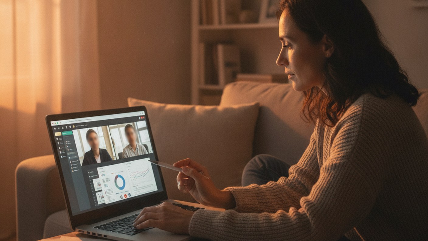 person on a video call reviewing documents on a laptop at home, evening light