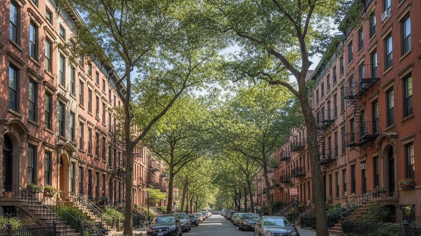 New York residential street with brick buildings under clear sky, afternoon