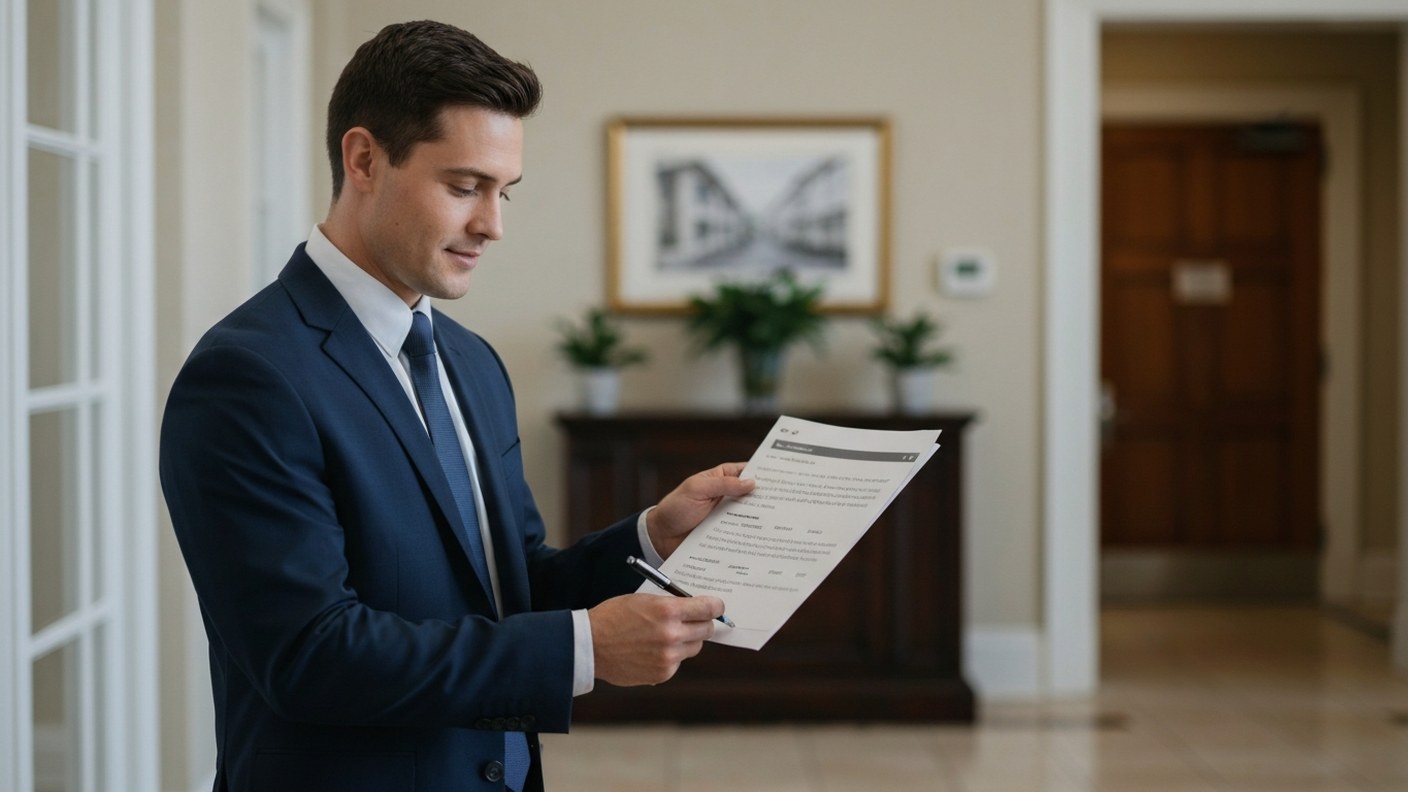A property manager reviewing a building maintenance checklist in a residential lobby, professional d
