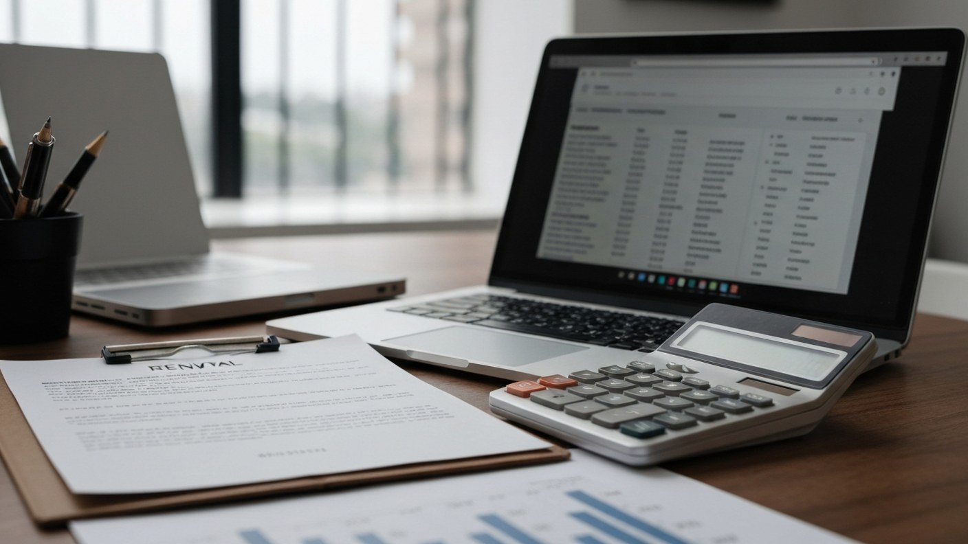 Rental documents and a calculator on a desk with a laptop showing a spreadsheet, financial administr