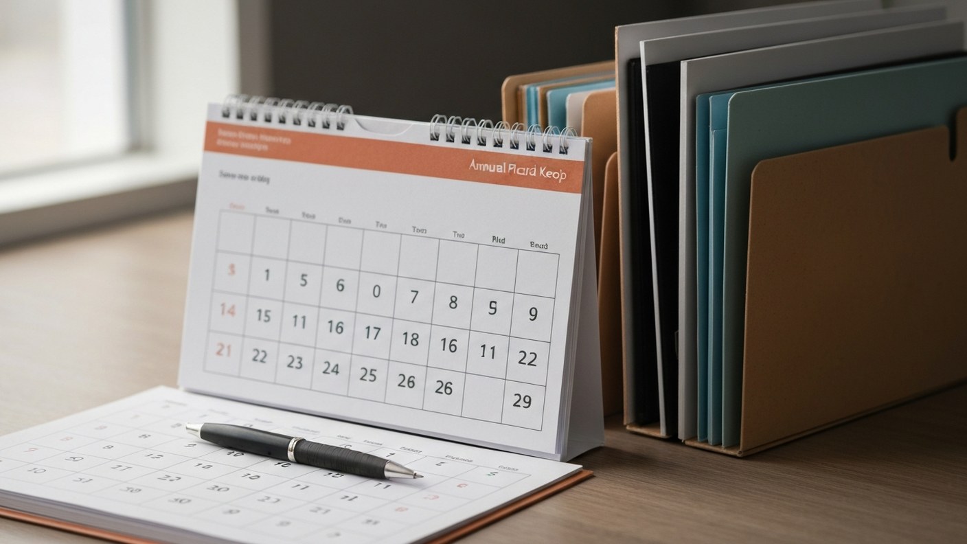 A calendar and organized folders on a desk with a pen, annual planning and record keeping