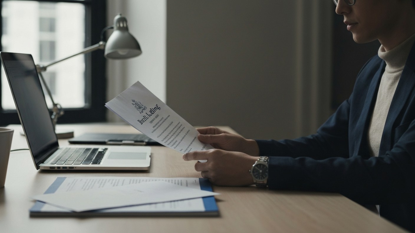 A person reading building notices and mail at a desk with a laptop, organized correspondence handlin